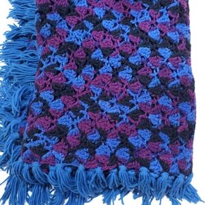 Handmade Crochet Diamond Patterned Afghan Purple Blue Black w/ Fringe  64"×76"